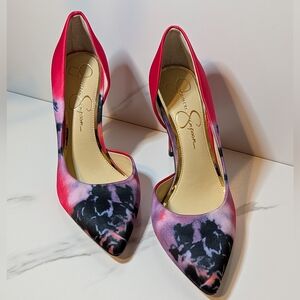 Jessica Simpson Multicolor Abstract Satin Pointed Toe Heels